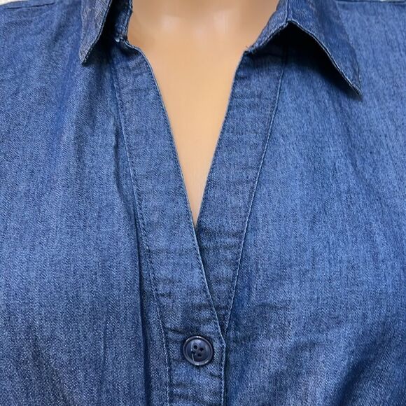 New York & Company Dress Sz Small Denim VNeck Long Sleeve Slimming Ruched Button - Picture 7 of 13